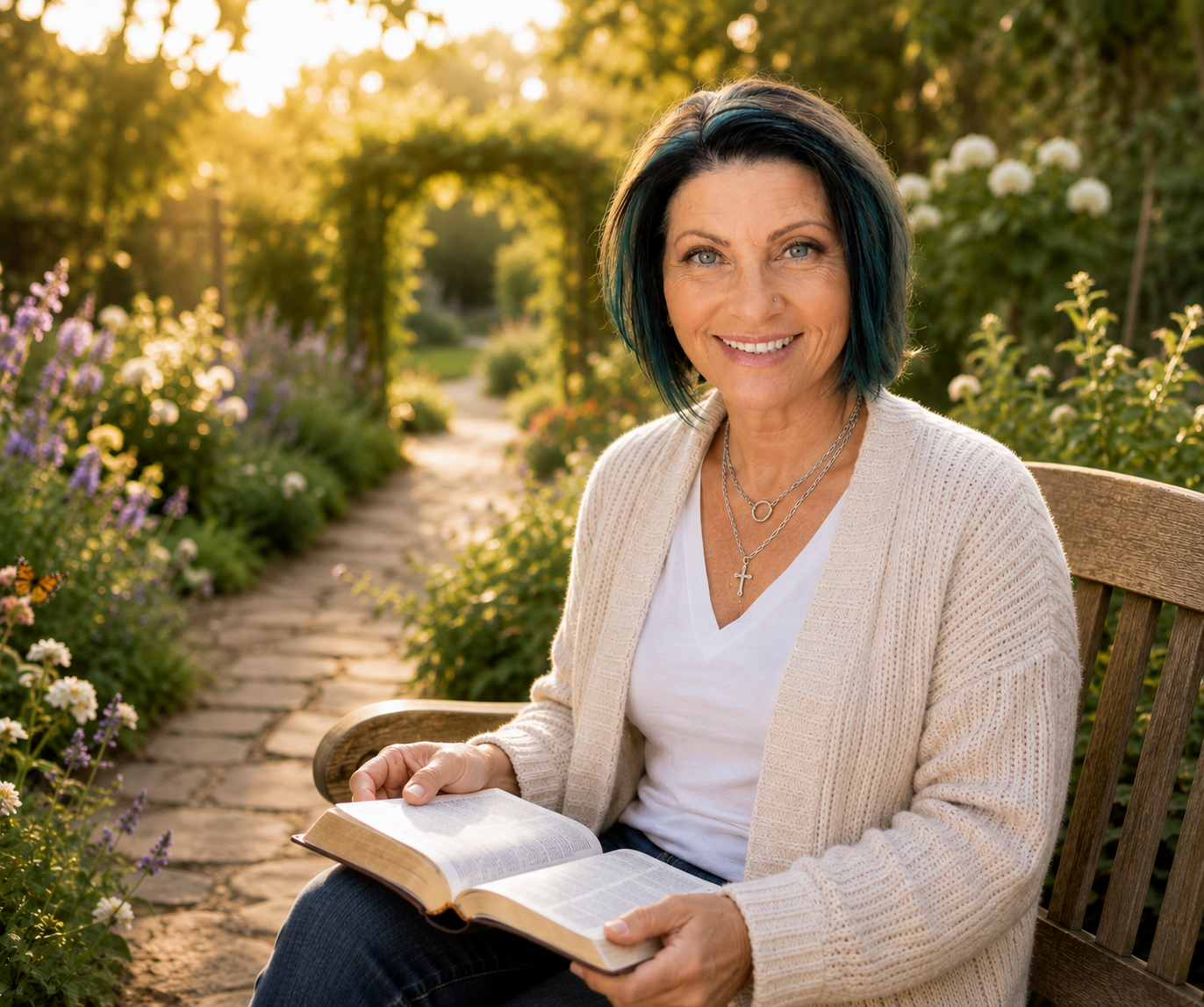 Marci Nettles sitting on a garden bench in warm morning light, holding an open Bible, with a flower-lined garden path behind her