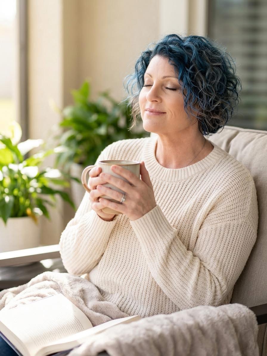 A woman resting quietly in morning light, holding a warm mug with an open book on her lap