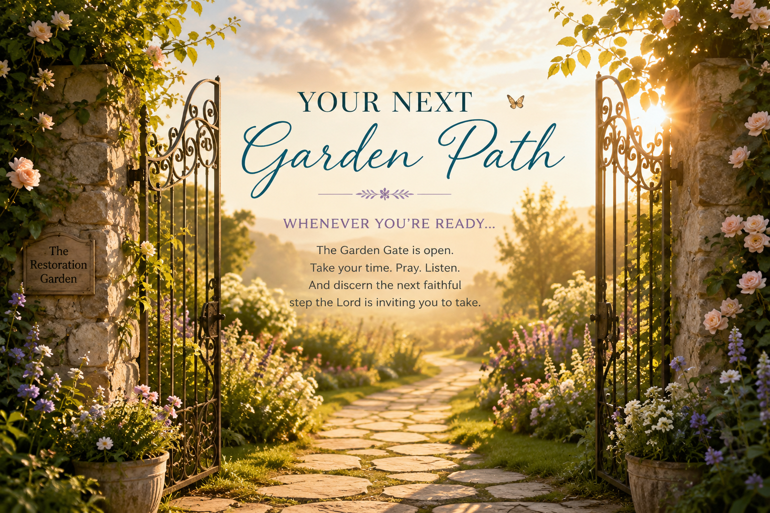 An open garden gate framed by roses at sunrise, with a stone path winding through wildflowers — Your Next Garden Path, whenever you're ready