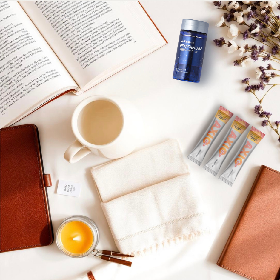 A curated flat-lay of Marci's favorites — open Bible, Protandim, AXIO, candle, mug, and leather journals