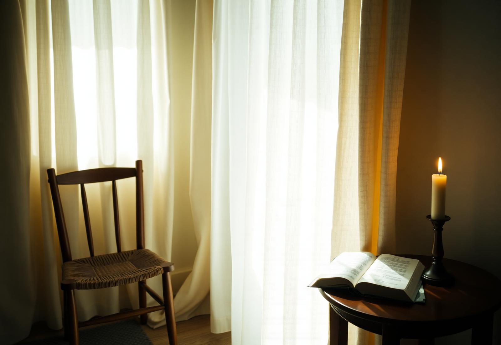 A quiet sunlit room with sheer curtains, an open Bible and a single candle