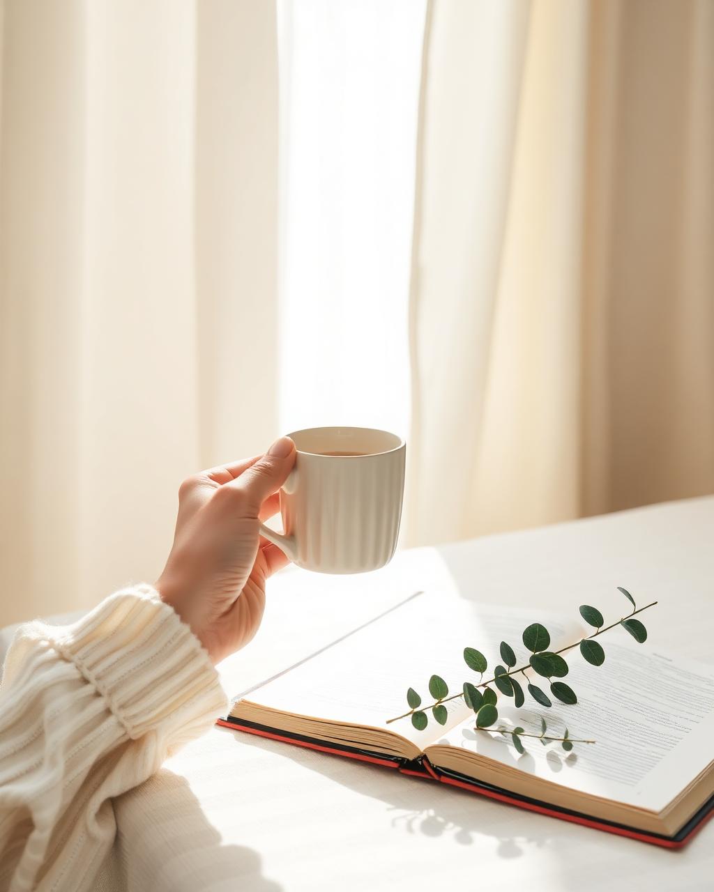 A quiet morning ritual — hands holding a warm mug beside an open journal